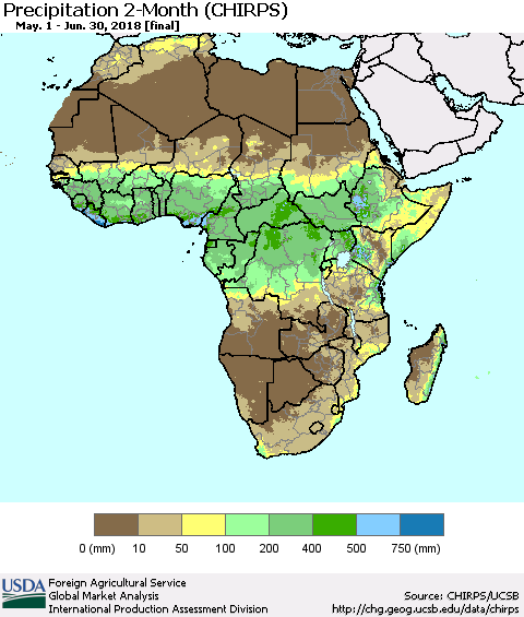 Africa Precipitation 2-Month (CHIRPS) Thematic Map For 5/1/2018 - 6/30/2018