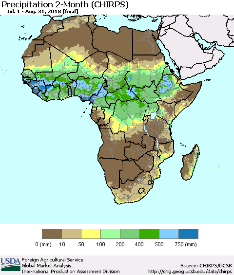 Africa Precipitation 2-Month (CHIRPS) Thematic Map For 7/1/2018 - 8/31/2018