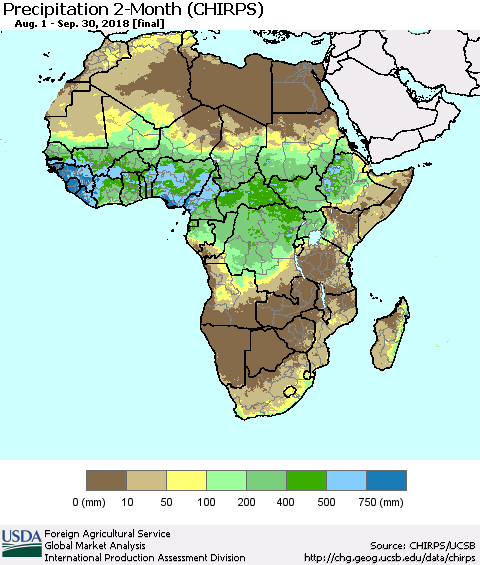 Africa Precipitation 2-Month (CHIRPS) Thematic Map For 8/1/2018 - 9/30/2018