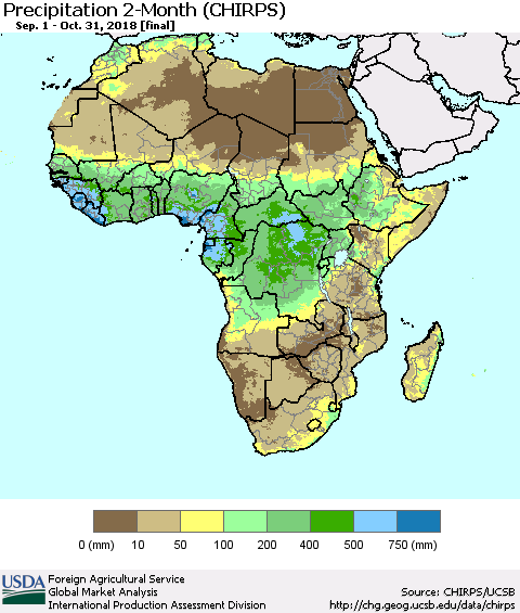 Africa Precipitation 2-Month (CHIRPS) Thematic Map For 9/1/2018 - 10/31/2018