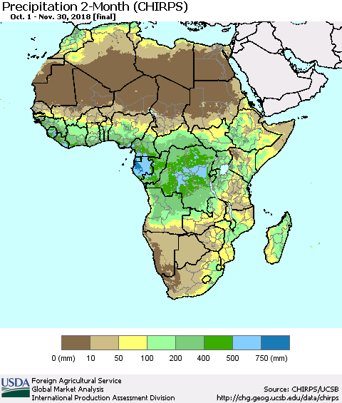 Africa Precipitation 2-Month (CHIRPS) Thematic Map For 10/1/2018 - 11/30/2018
