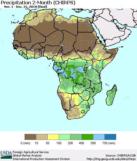 Africa Precipitation 2-Month (CHIRPS) Thematic Map For 11/1/2018 - 12/31/2018