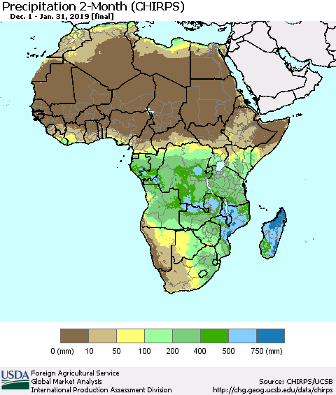 Africa Precipitation 2-Month (CHIRPS) Thematic Map For 12/1/2018 - 1/31/2019