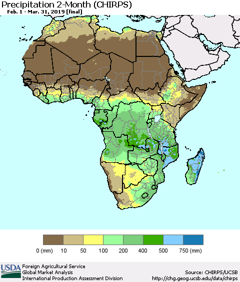Africa Precipitation 2-Month (CHIRPS) Thematic Map For 2/1/2019 - 3/31/2019