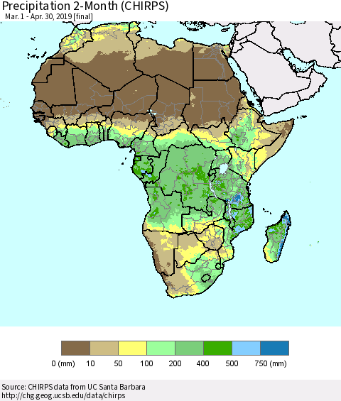Africa Precipitation 2-Month (CHIRPS) Thematic Map For 3/1/2019 - 4/30/2019