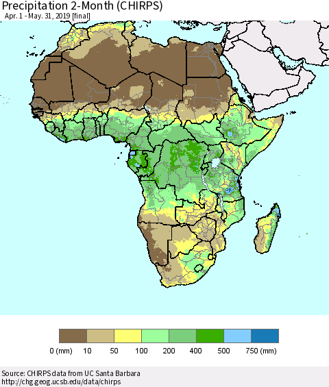 Africa Precipitation 2-Month (CHIRPS) Thematic Map For 4/1/2019 - 5/31/2019