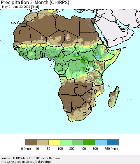 Africa Precipitation 2-Month (CHIRPS) Thematic Map For 5/1/2019 - 6/30/2019