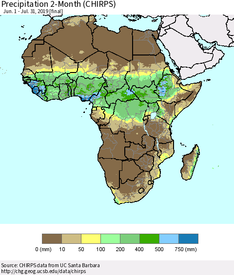 Africa Precipitation 2-Month (CHIRPS) Thematic Map For 6/1/2019 - 7/31/2019