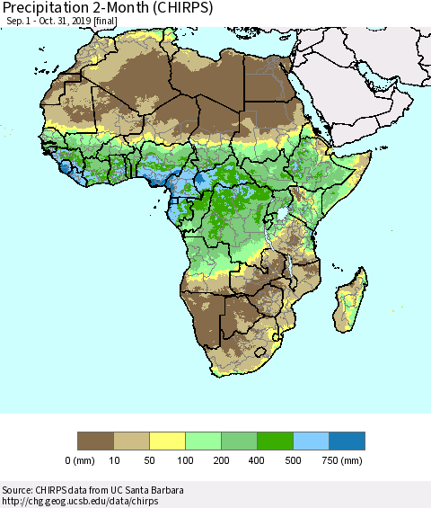 Africa Precipitation 2-Month (CHIRPS) Thematic Map For 9/1/2019 - 10/31/2019