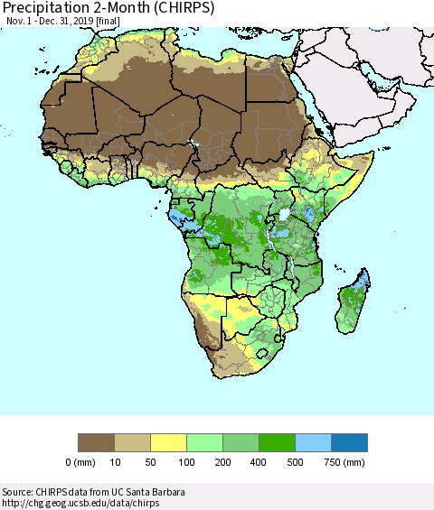 Africa Precipitation 2-Month (CHIRPS) Thematic Map For 11/1/2019 - 12/31/2019