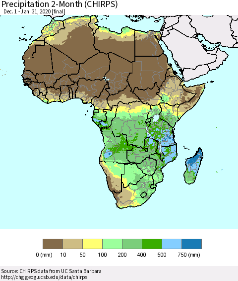 Africa Precipitation 2-Month (CHIRPS) Thematic Map For 12/1/2019 - 1/31/2020