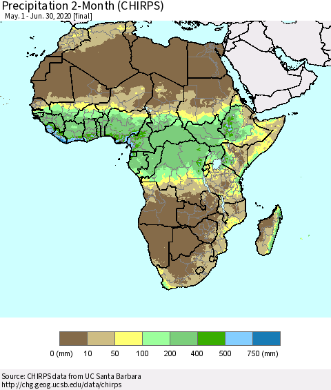 Africa Precipitation 2-Month (CHIRPS) Thematic Map For 5/1/2020 - 6/30/2020