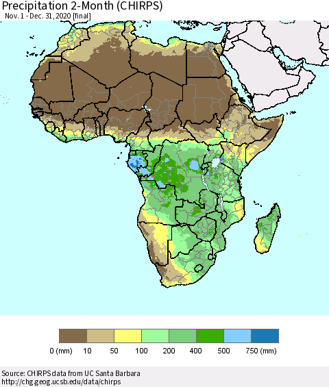 Africa Precipitation 2-Month (CHIRPS) Thematic Map For 11/1/2020 - 12/31/2020