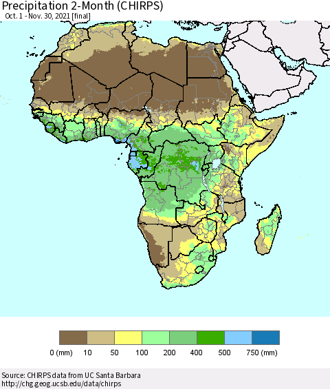 Africa Precipitation 2-Month (CHIRPS) Thematic Map For 10/1/2021 - 11/30/2021