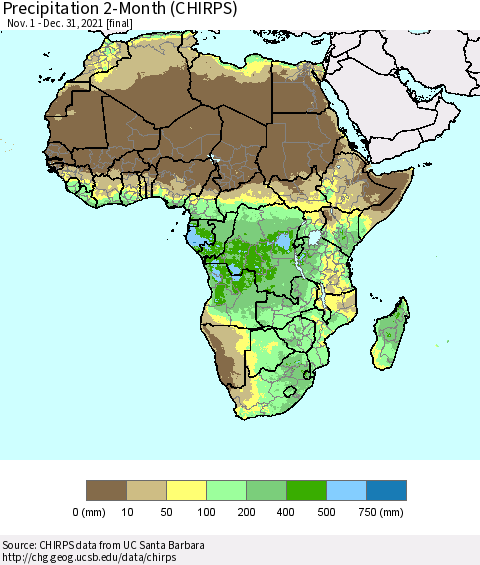 Africa Precipitation 2-Month (CHIRPS) Thematic Map For 11/1/2021 - 12/31/2021