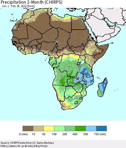 Africa Precipitation 2-Month (CHIRPS) Thematic Map For 1/1/2022 - 2/28/2022
