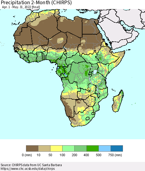 Africa Precipitation 2-Month (CHIRPS) Thematic Map For 4/1/2022 - 5/31/2022