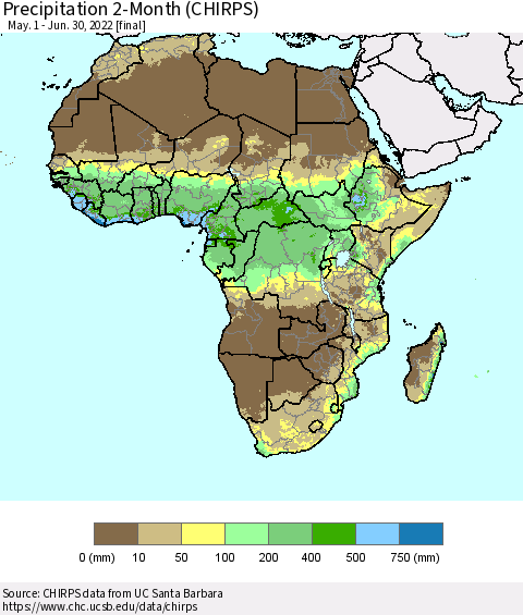 Africa Precipitation 2-Month (CHIRPS) Thematic Map For 5/1/2022 - 6/30/2022