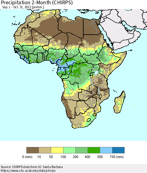 Africa Precipitation 2-Month (CHIRPS) Thematic Map For 9/1/2022 - 10/31/2022