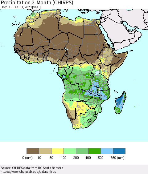 Africa Precipitation 2-Month (CHIRPS) Thematic Map For 12/1/2022 - 1/31/2023