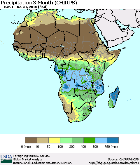 Africa Precipitation 3-Month (CHIRPS) Thematic Map For 11/1/2017 - 1/31/2018