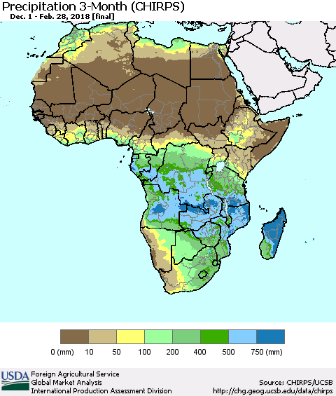 Africa Precipitation 3-Month (CHIRPS) Thematic Map For 12/1/2017 - 2/28/2018