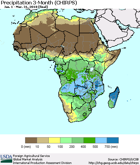 Africa Precipitation 3-Month (CHIRPS) Thematic Map For 1/1/2018 - 3/31/2018