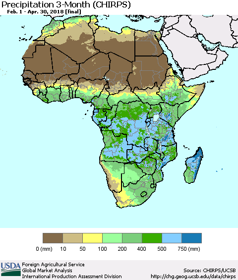 Africa Precipitation 3-Month (CHIRPS) Thematic Map For 2/1/2018 - 4/30/2018