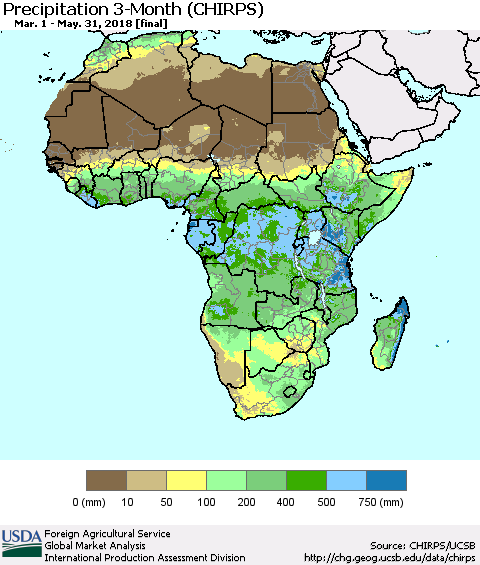 Africa Precipitation 3-Month (CHIRPS) Thematic Map For 3/1/2018 - 5/31/2018