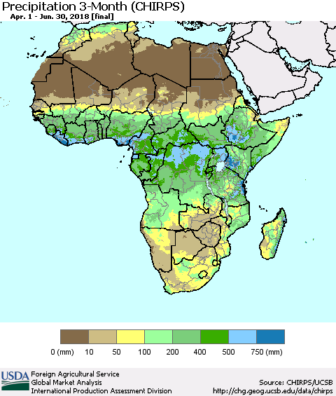 Africa Precipitation 3-Month (CHIRPS) Thematic Map For 4/1/2018 - 6/30/2018