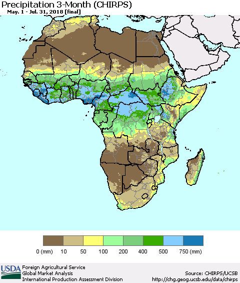 Africa Precipitation 3-Month (CHIRPS) Thematic Map For 5/1/2018 - 7/31/2018