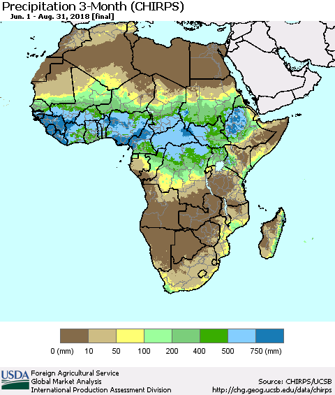 Africa Precipitation 3-Month (CHIRPS) Thematic Map For 6/1/2018 - 8/31/2018