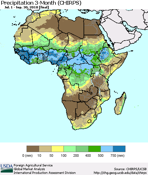 Africa Precipitation 3-Month (CHIRPS) Thematic Map For 7/1/2018 - 9/30/2018