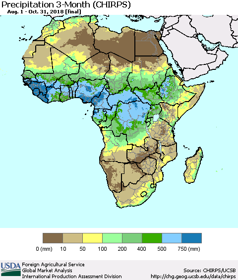 Africa Precipitation 3-Month (CHIRPS) Thematic Map For 8/1/2018 - 10/31/2018