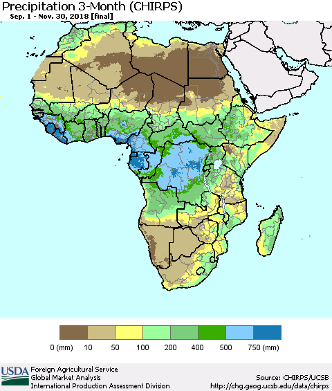 Africa Precipitation 3-Month (CHIRPS) Thematic Map For 9/1/2018 - 11/30/2018