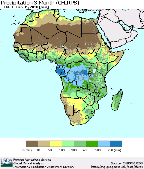 Africa Precipitation 3-Month (CHIRPS) Thematic Map For 10/1/2018 - 12/31/2018