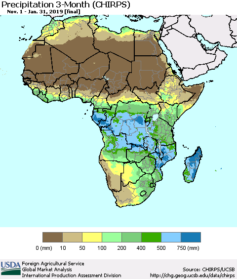 Africa Precipitation 3-Month (CHIRPS) Thematic Map For 11/1/2018 - 1/31/2019