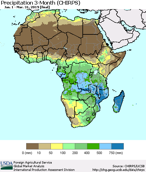 Africa Precipitation 3-Month (CHIRPS) Thematic Map For 1/1/2019 - 3/31/2019