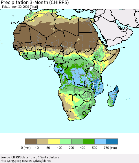 Africa Precipitation 3-Month (CHIRPS) Thematic Map For 2/1/2019 - 4/30/2019