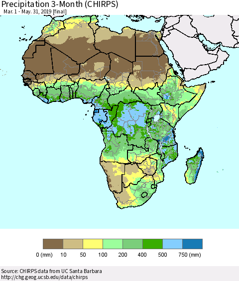 Africa Precipitation 3-Month (CHIRPS) Thematic Map For 3/1/2019 - 5/31/2019