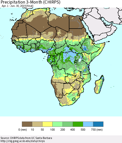 Africa Precipitation 3-Month (CHIRPS) Thematic Map For 4/1/2019 - 6/30/2019