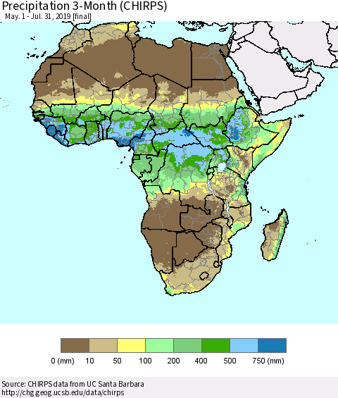 Africa Precipitation 3-Month (CHIRPS) Thematic Map For 5/1/2019 - 7/31/2019