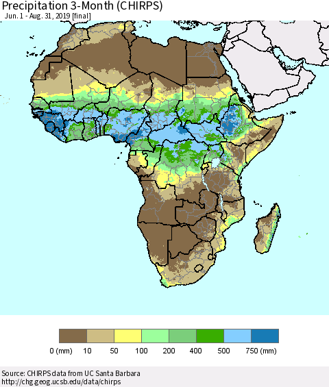 Africa Precipitation 3-Month (CHIRPS) Thematic Map For 6/1/2019 - 8/31/2019