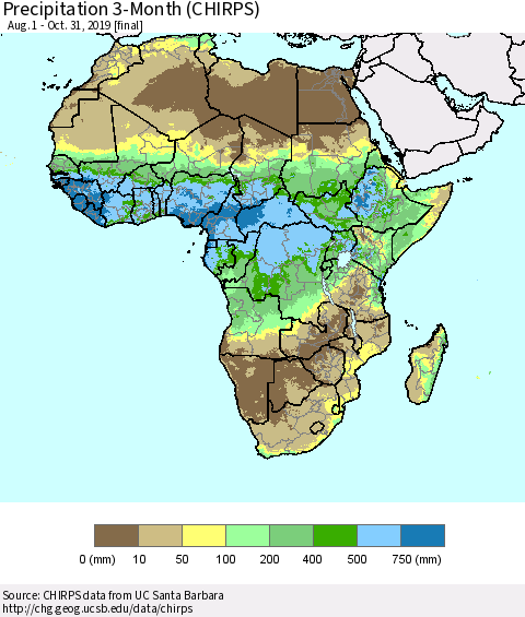 Africa Precipitation 3-Month (CHIRPS) Thematic Map For 8/1/2019 - 10/31/2019