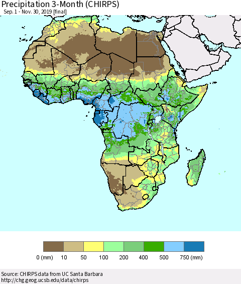 Africa Precipitation 3-Month (CHIRPS) Thematic Map For 9/1/2019 - 11/30/2019