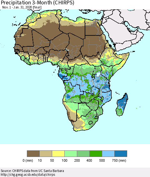Africa Precipitation 3-Month (CHIRPS) Thematic Map For 11/1/2019 - 1/31/2020