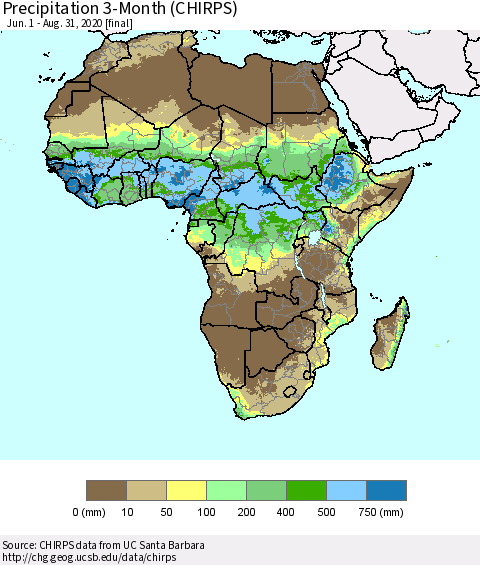 Africa Precipitation 3-Month (CHIRPS) Thematic Map For 6/1/2020 - 8/31/2020