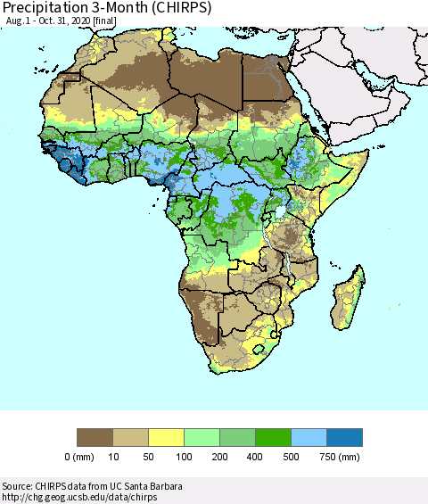 Africa Precipitation 3-Month (CHIRPS) Thematic Map For 8/1/2020 - 10/31/2020
