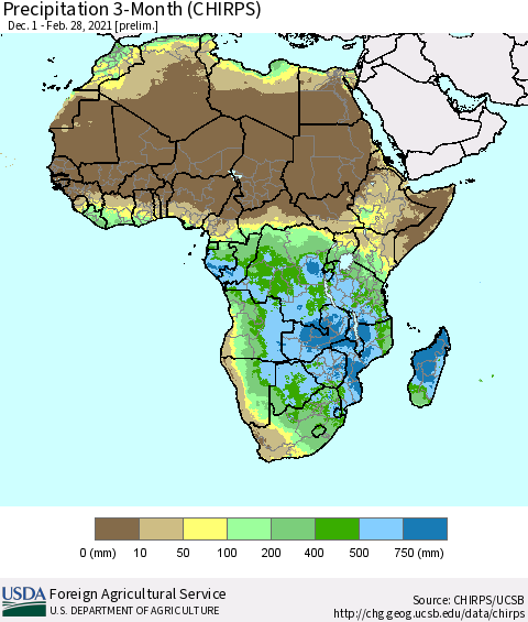 Africa Precipitation 3-Month (CHIRPS) Thematic Map For 12/1/2020 - 2/28/2021