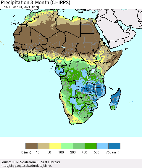 Africa Precipitation 3-Month (CHIRPS) Thematic Map For 1/1/2021 - 3/31/2021
